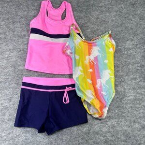 Lot of 2  Girls Swimsuits L‎ Pink/Navy Tankini & Rainbow Unicorn One-Piece